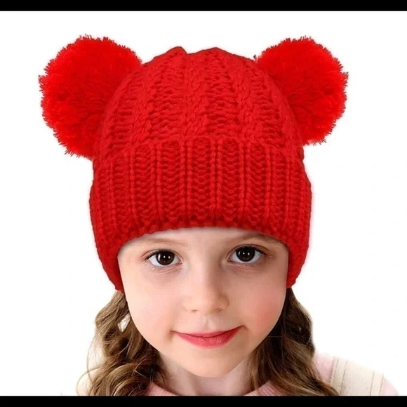 Red Pom Ball Winter Toddler Hat - Picture 2 of 4